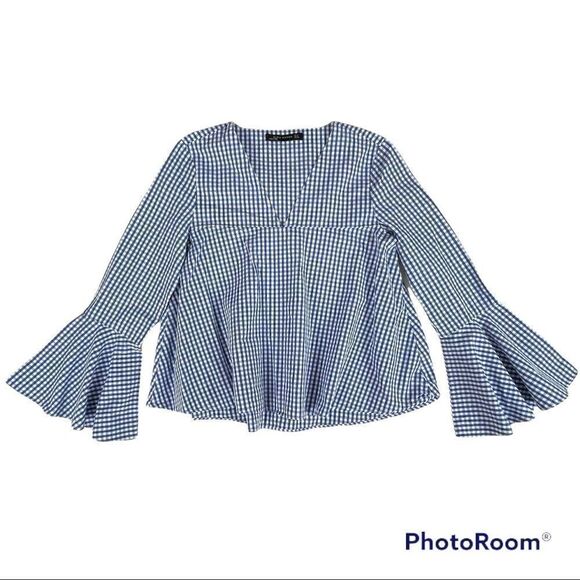 Zara Woman Blue Gingham Flounce Top, size S -VGUC - Picture 2 of 5
